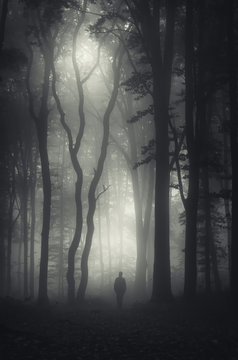 man walking in mysterious dark forest