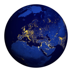 Planet earth at night. Europe, part of Asia and Africa.