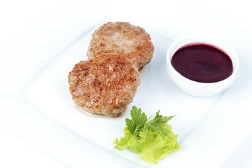 beef cutlet with cheese, ham and salad