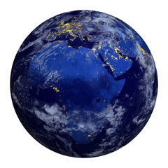 Planet earth at night and clouds. Africa, part Europe, Asi