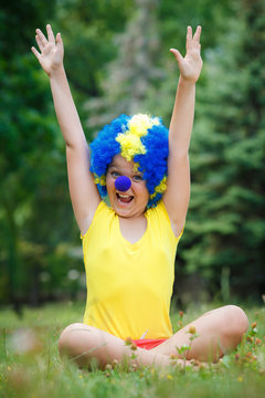 Child Kid Girl With Party Clown Blue Wig Funny Happy Open