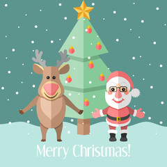 Christmas card with fir tree and Santa Claus and reindeer