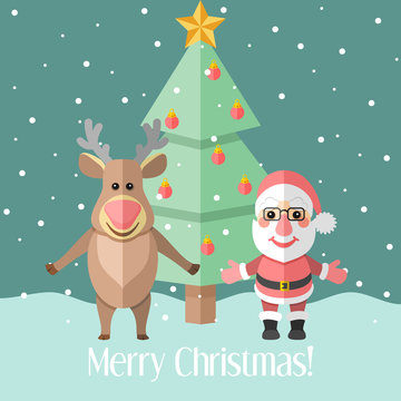 Christmas card with fir tree and Santa Claus and reindeer