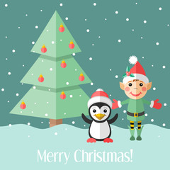 Christmas card with elf and penguin and fir tree