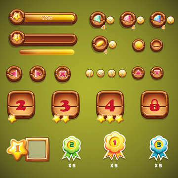 Set of wooden buttons, progress bars, and other elements for web