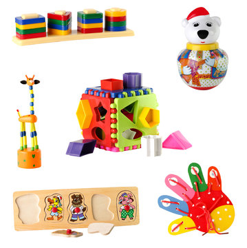 collection of toys for young children isolated on white backgrou