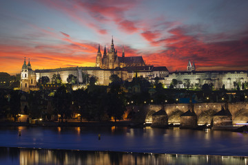 Fototapeta na wymiar Prague at epic dawn, Charles bridge and Prague castle