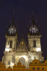 Tyn gothic cathedral in Prague at night