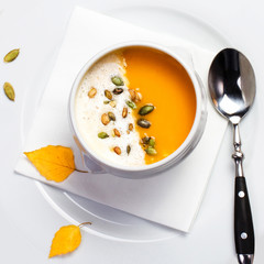 Yellow Pumpkin soup made for Thanksgiving. Studio shot for resta