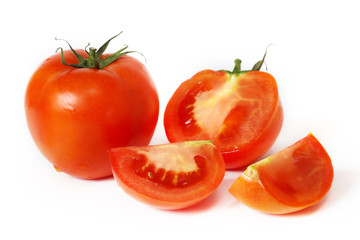 Red tomato and slices on white background XXL