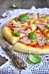 Pizza with smoked bacon.