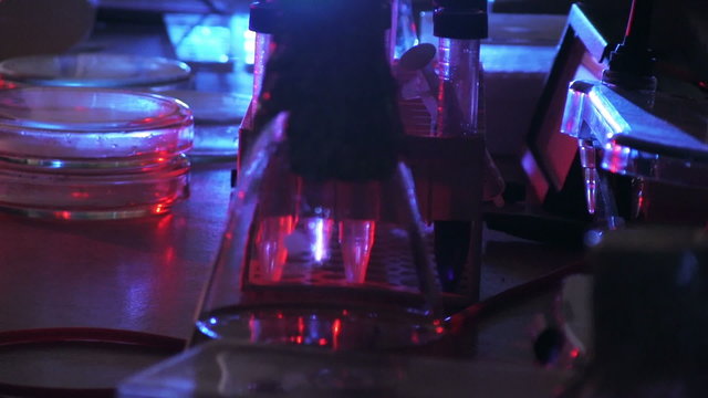 Dark laboratory in blue and red light