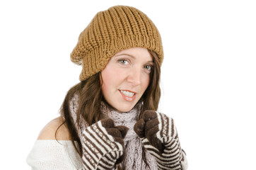 Angry girl throwing a punch on white isolated background