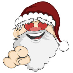 Santa Claus is pointing at you with heart-shaped eyes