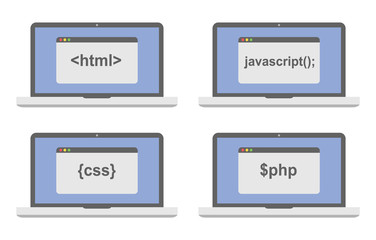 web development icon set - laptop screen shows internet html