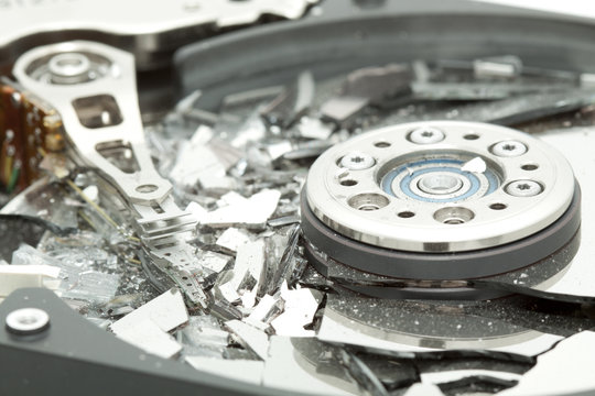 Inside of broken HDD hard drive disk, narrow focus