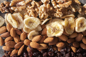 Nuts, raisins and dry bananas