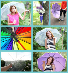 Umbrella concept. Beautiful young girl with umbrella collage
