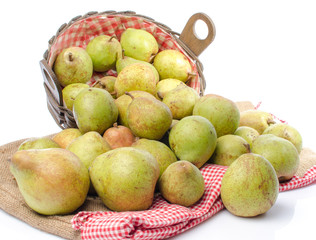 Pears in a basket and on burlap