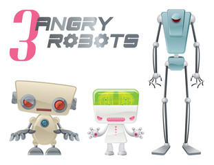 Three Angry Robots Cartoon Vector Graphic Illustration