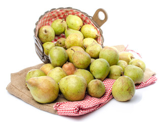 Pears in a basket and on burlap