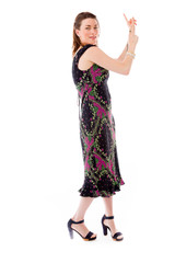 model isolated on plain background looking at camera pointing