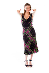 model isolated on plain background fingers pointing to camera