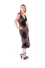 model isolated on plain background pround confident hands on hip