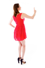 model isolated on plain background back pointing