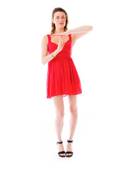 model isolated on plain background hand gesture break sign