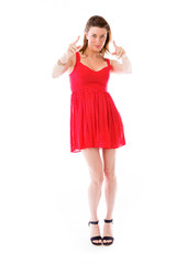 model isolated on plain background fingers pointing to camera