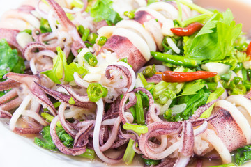 close up spicy squid steamed with lemon