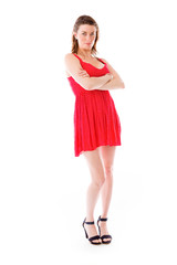 model isolated on plain background happy smiling arms crossed