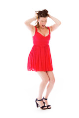 model isolated on plain background stressed upset pulling hairs