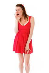 model isolated on plain background calling shouting