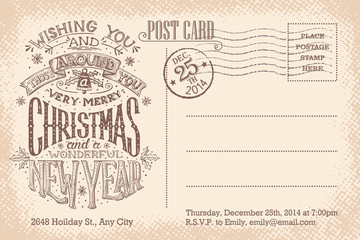 Vintage merry Christmas and New Year holiday postcard