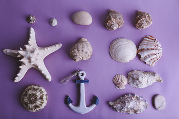 Sea souvenirs on purple background