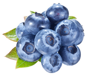 Blueberries with leaves on a white background.