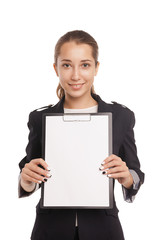 business woman showing blank clipboard isolated