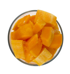 pieces of pumpkin in a glass bowl