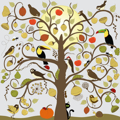 Abstract stylized tree with birds, insect and fruit