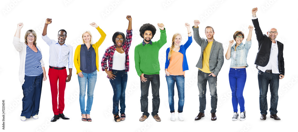 Poster multiethnic group of people arms raised celebration - Posters