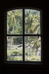 Indonesian lighthouse window silhouette, palm trees