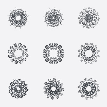 Circle geometric ornaments. Spirographs set.
