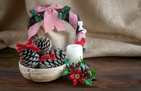 Christmas decoration on wood and fabric sack