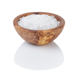 Fototapeta na wymiar sea salt in wooden bowl for cooking or spa