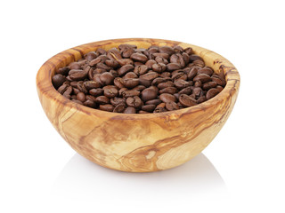 roasted coffee beans in olive wood bowl