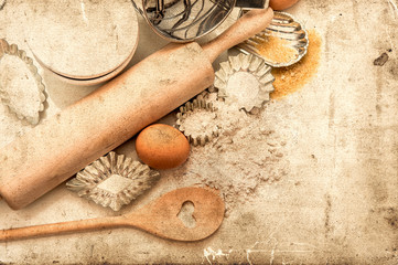 baking ingredients and tolls for dough preparation. retro style
