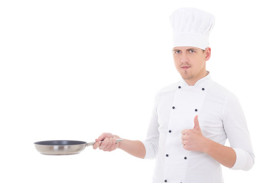 Man In Chef Uniform Thumbs Up And Holding Frying Pan Isolated On