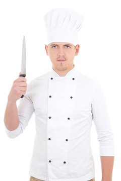 Man In Chef Uniform With Knife Isolated On White